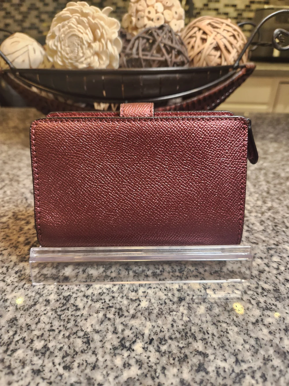 Coach Crossgrain Leather Medium Corner Zip Wallet in Metallic Wine